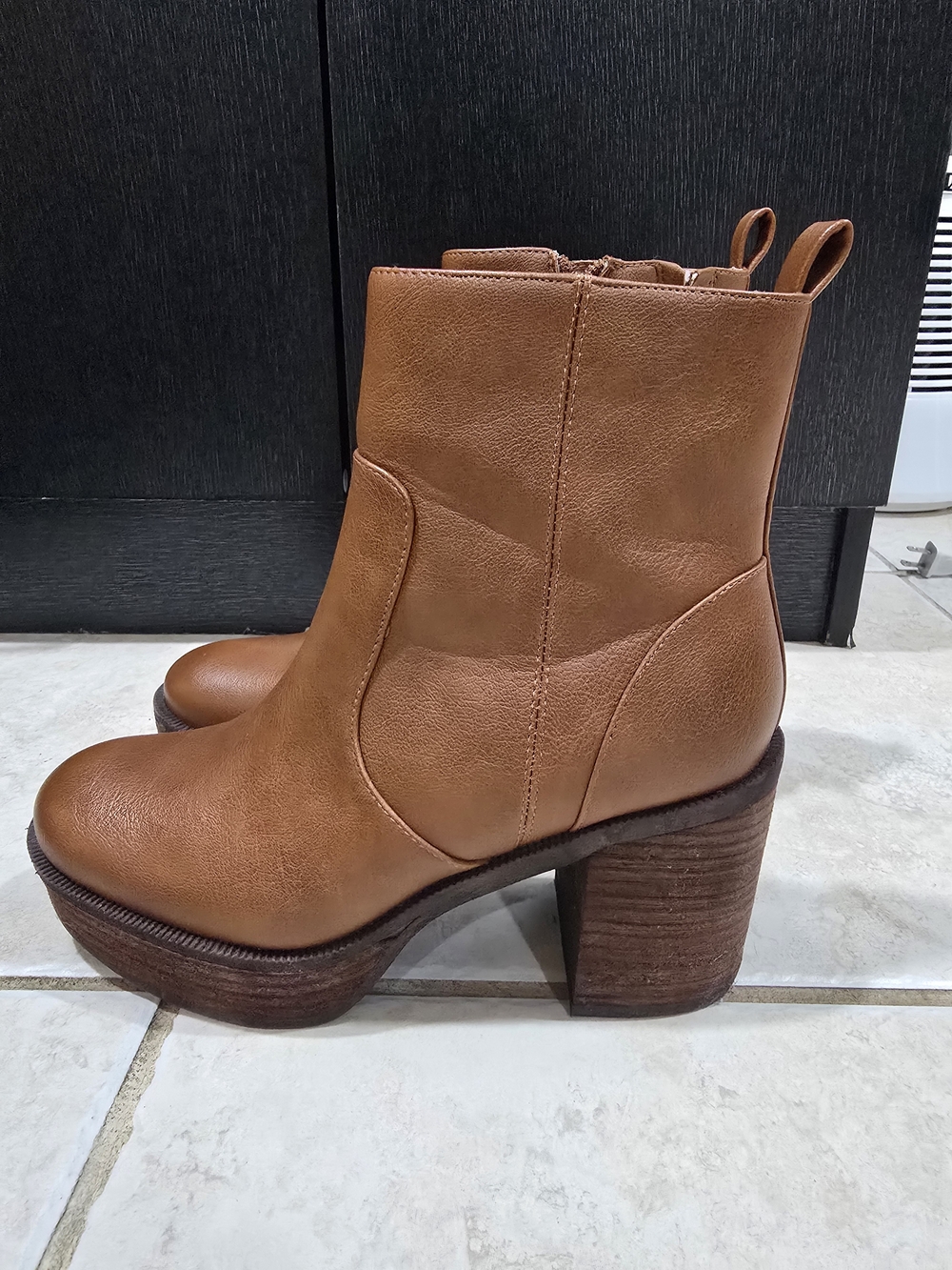 Women's Cognac Platform Block Heel Ankle Boots